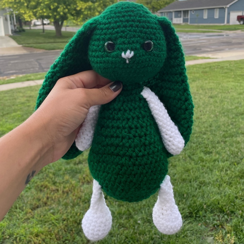 Handcrafted Green and White Crochet Bunny Toy